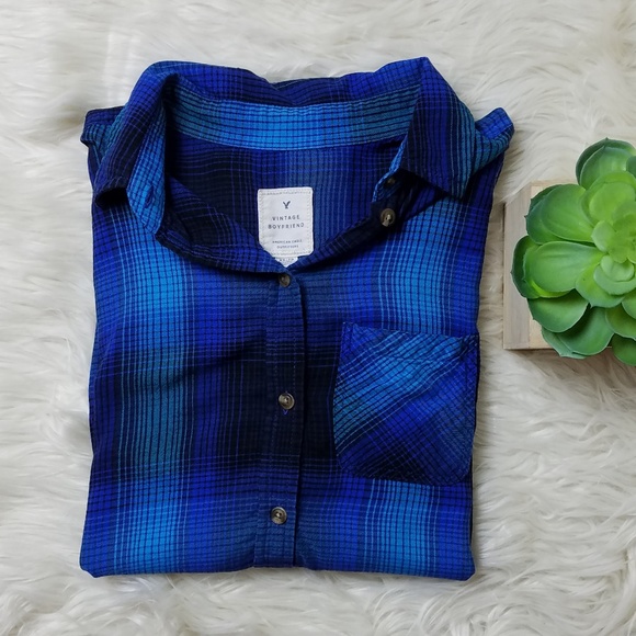 American Eagle Outfitters Tops - American Eagle Vintage Boyfriend Blue Plaid Shirt